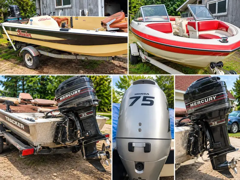 Boats and outboards: a Skeeter, a runabout, a Tracker with a Mercury, a Honda 75, and a Mercury 36.
