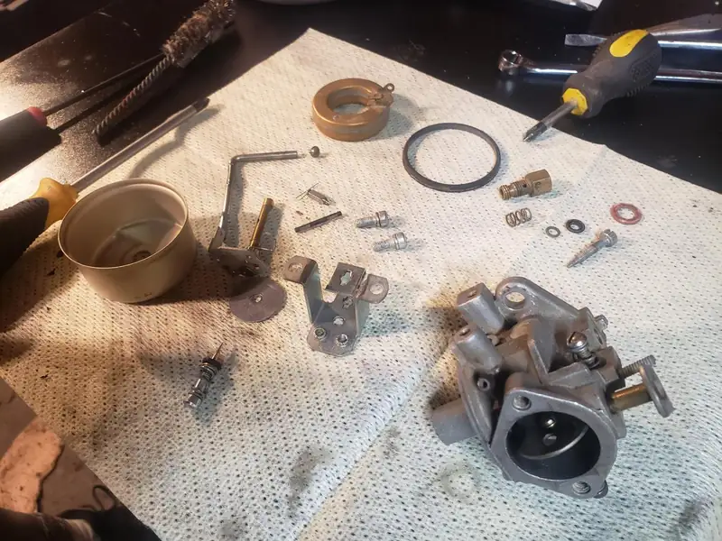 Carburetor parts laid out on a towel.