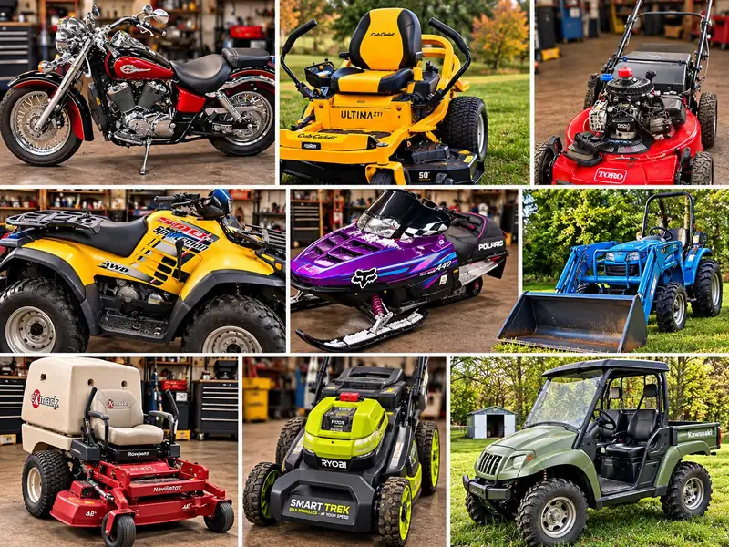 Shop photos of a motorcycle, a Cub Cadet zero-turn, a Toro mower, a yellow ATV, a purple Polaris snowmobile, a blue tractor, an Exmark Navigator, a Ryobi mower, and a Kawasaki UTV.