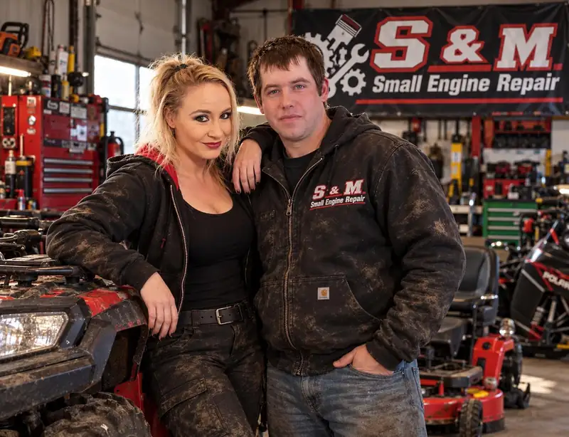 Sara and Mat, the owners, in the shop at S & M Small Engine Repair in Merrill.
